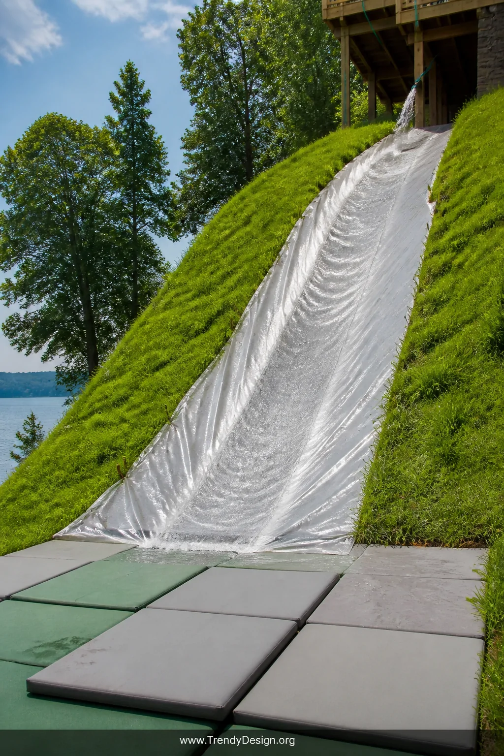 Wide photorealistic outdoor scene of a steep grassy hillside with a thick translucent plastic tarp secured tightly along the 