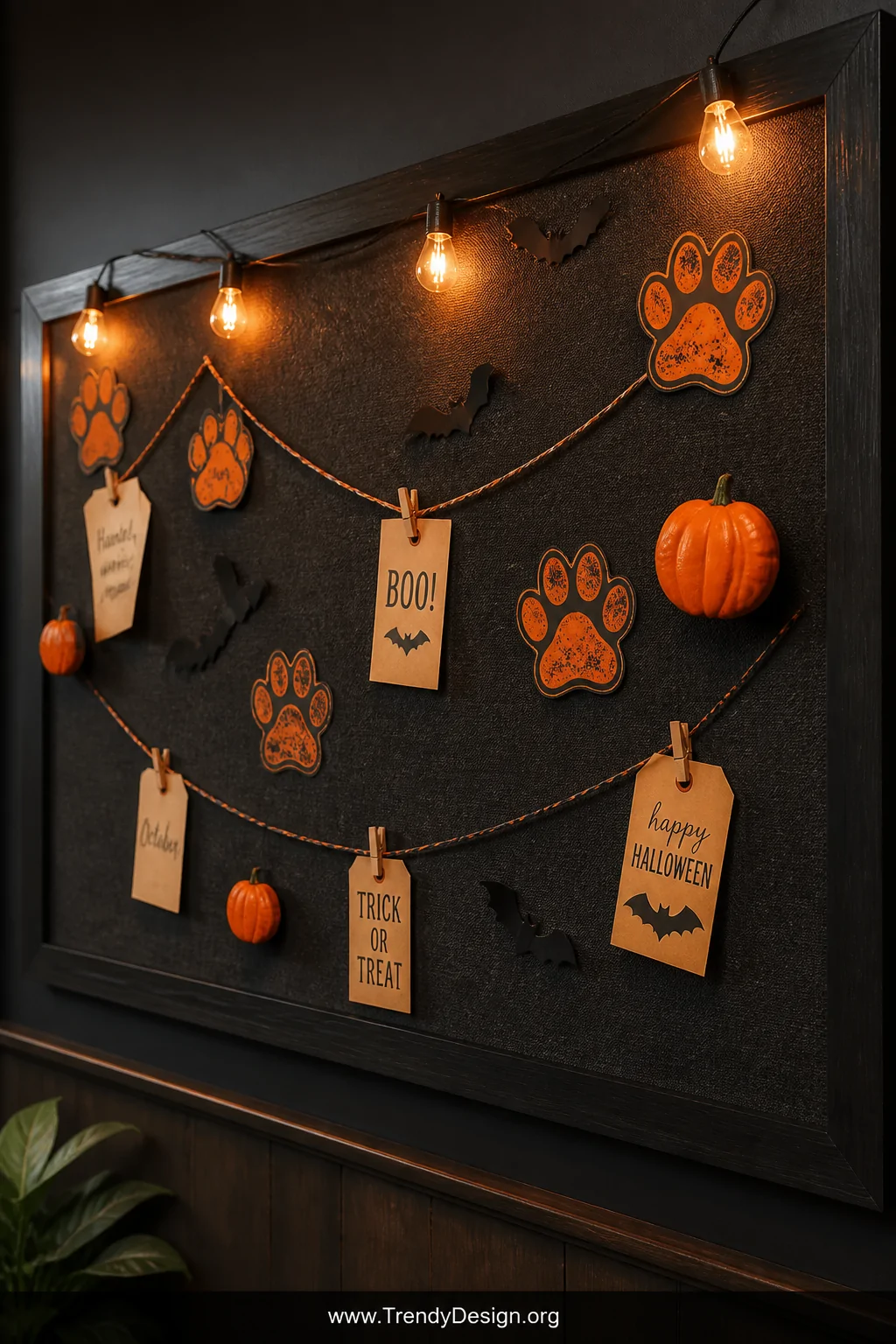 A detail shot of a bulletin board decorated in rich orange and black paw print elements for a Halloween seasonal theme, small