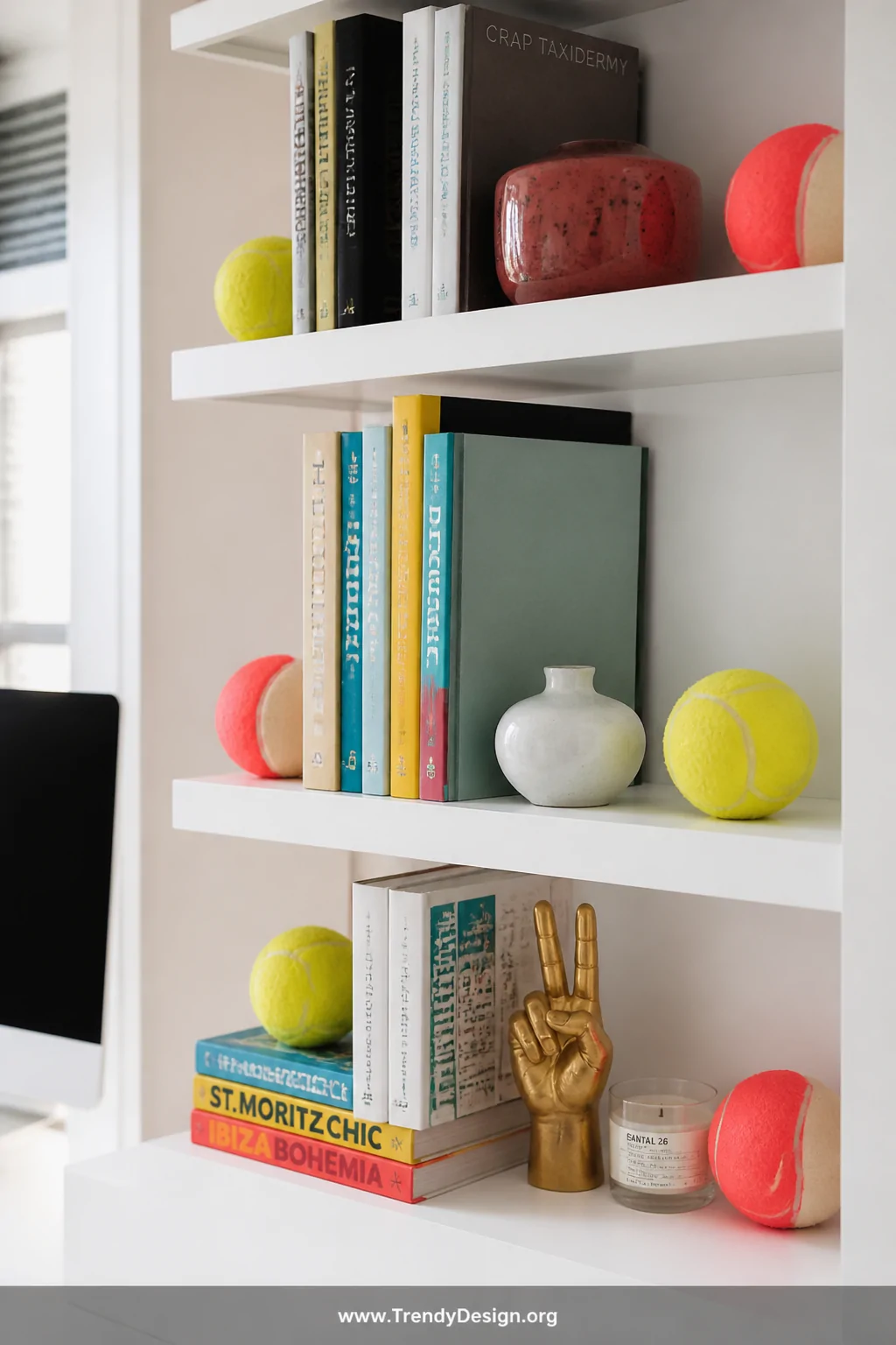 A close-up detail shot of a white floating shelf in a bright playful home office, with tennis ball halves hot-glued to each s