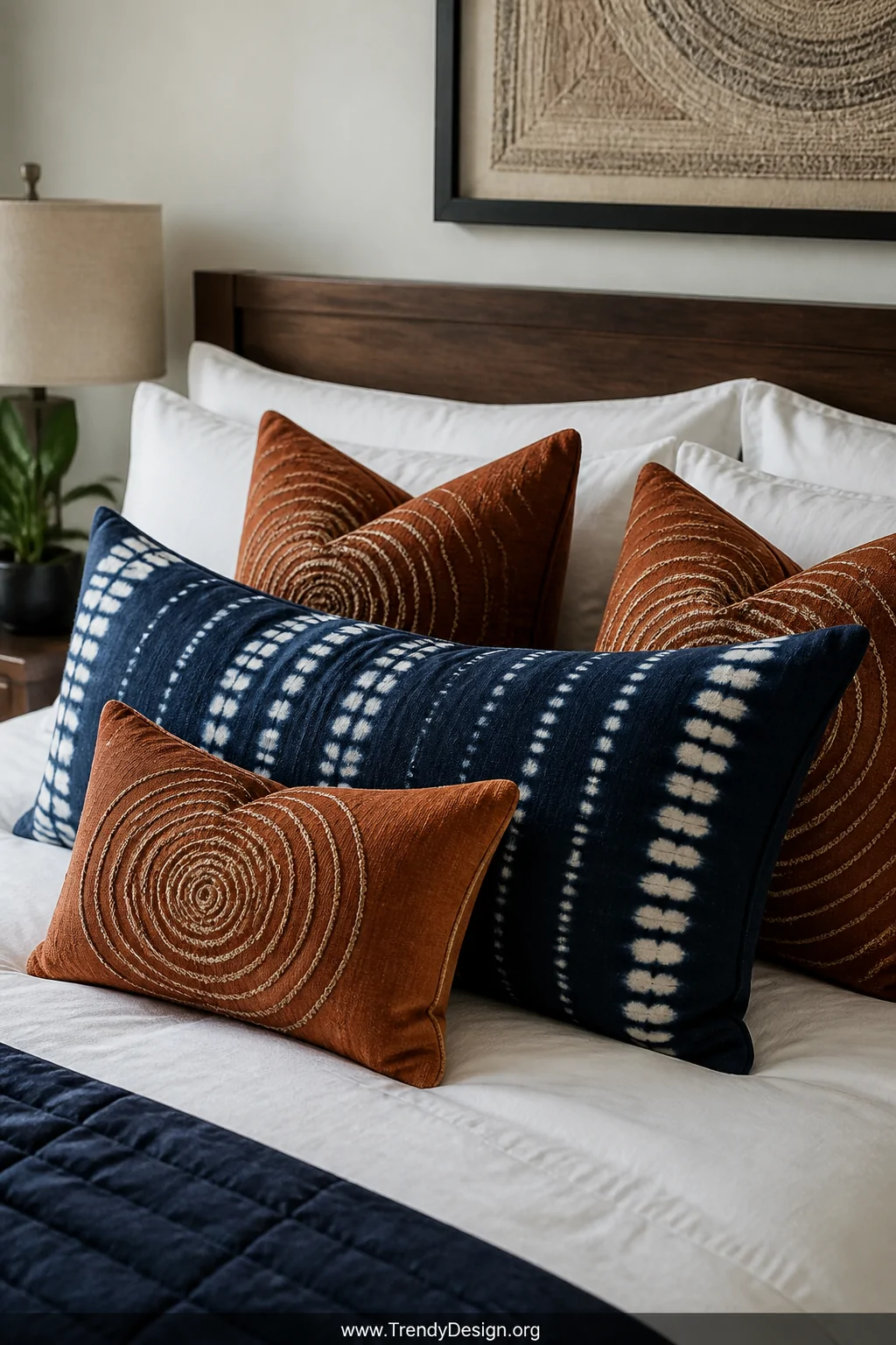 Close-up detail shot of a bed headboard arrangement featuring a large 24-inch indigo tie dye lumbar pillow layered alongside 