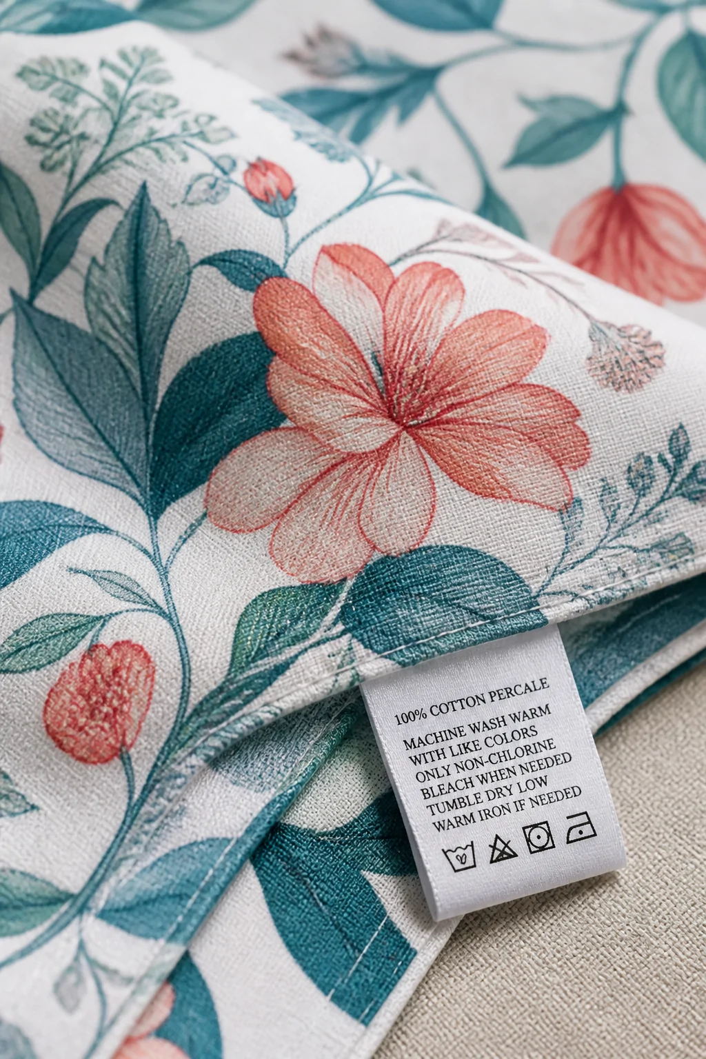 Extreme closeup detail shot of high-quality floral cotton bedding fabric showing rich colorfast botanical print in deep teal 
