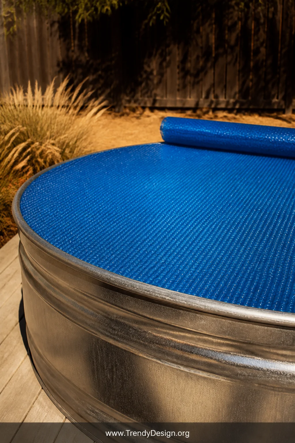 Medium closeup shot of a blue bubble-textured solar pool cover blanket fitted snugly over a round galvanized stock tank, catc
