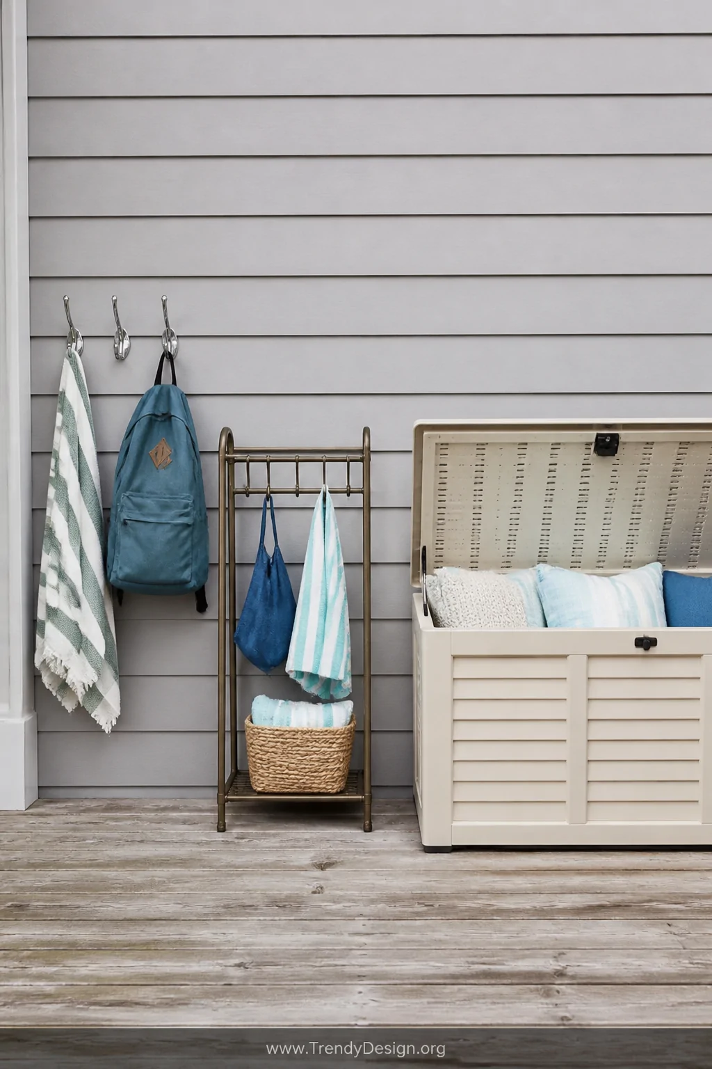 Styled flat-lay medium shot on a weathered outdoor deck surface showing three distinct storage options arranged left to right