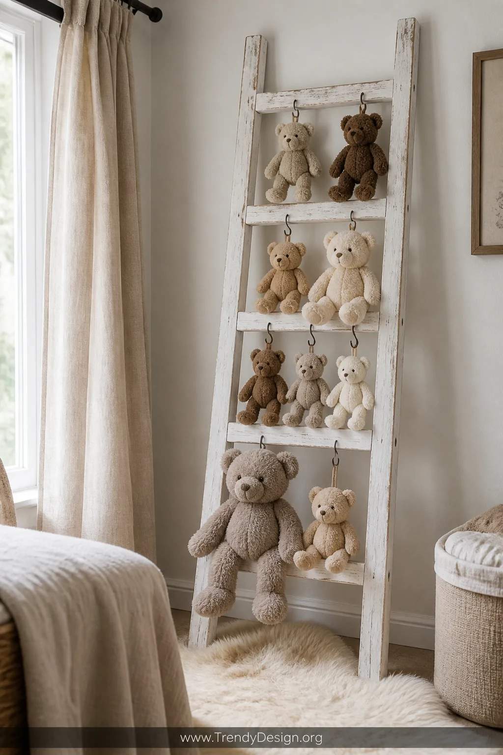 Medium shot of a whitewashed wooden ladder leaned casually against a warm cream nursery wall, multiple stuffed teddy bears of
