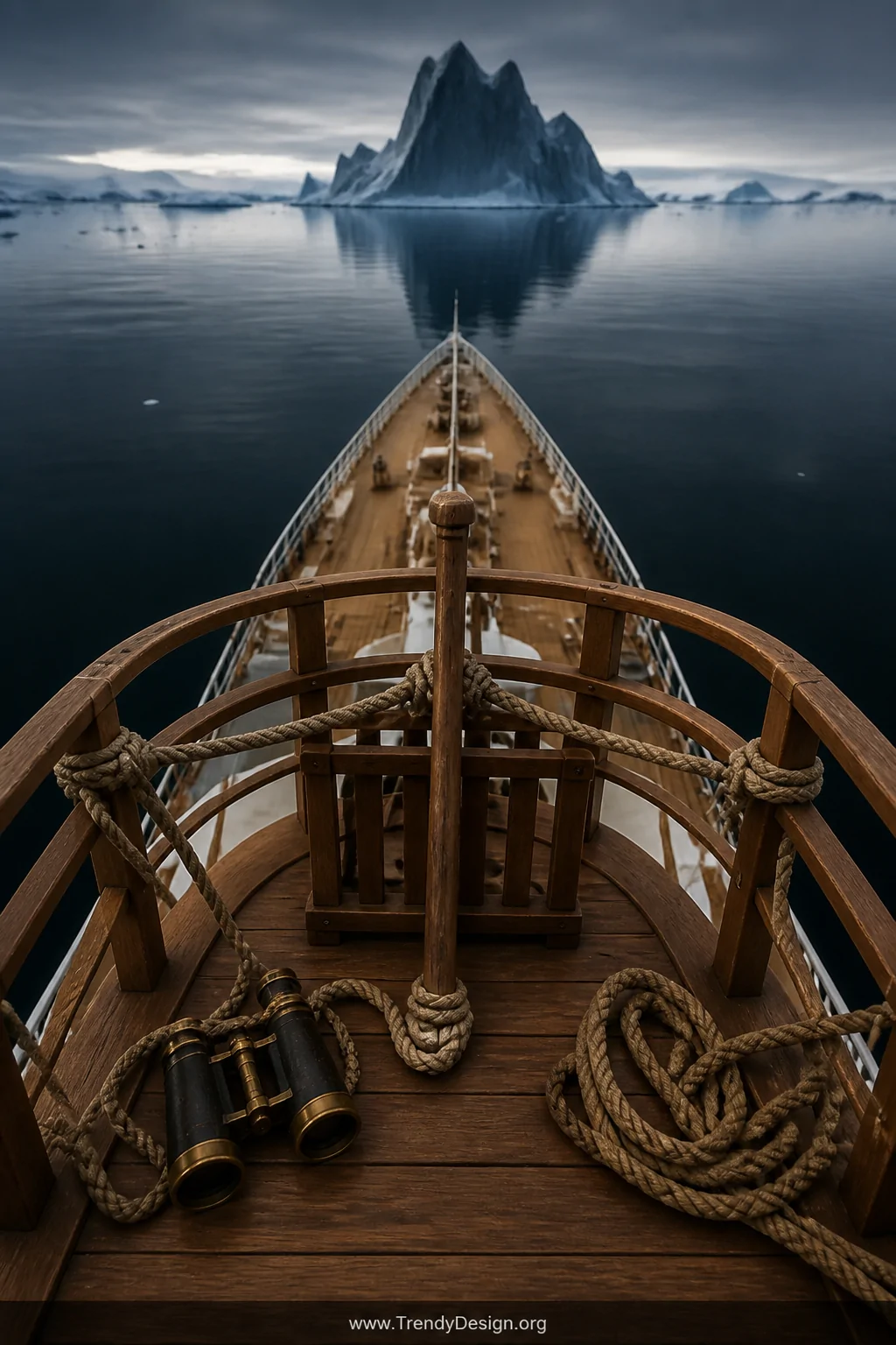 A close-up forced perspective shot from inside a miniature crow's nest platform looking forward, tiny rope details and miniat