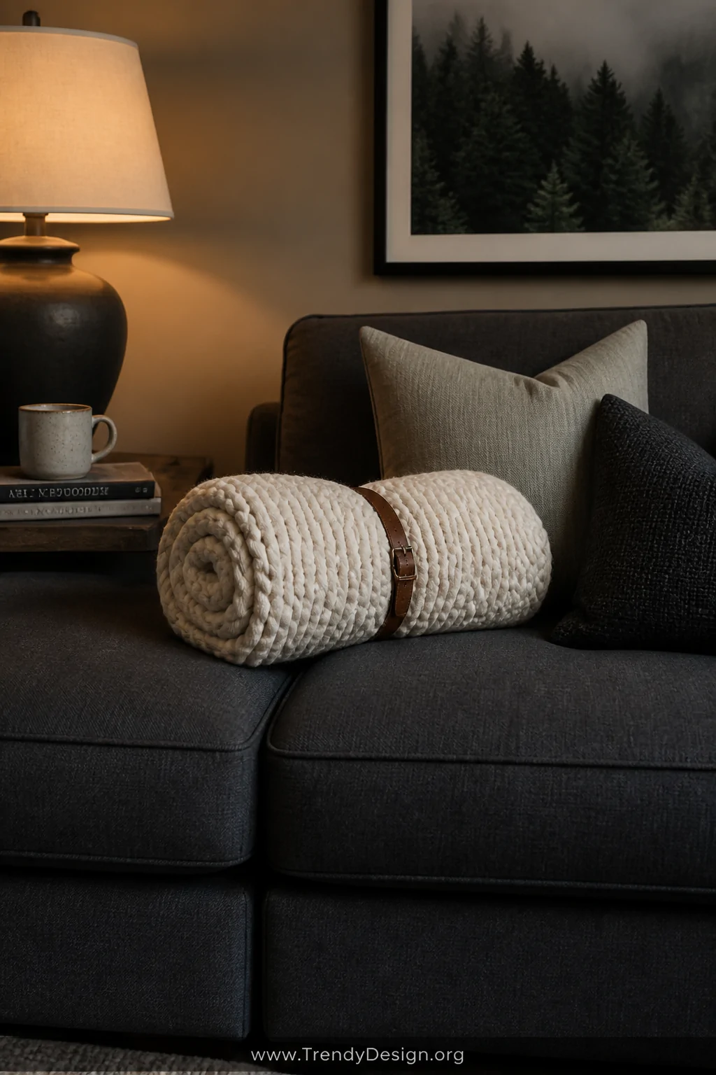 A medium shot of the corner of a deep charcoal sectional sofa where a chunky cream knit blanket has been rolled tightly into 