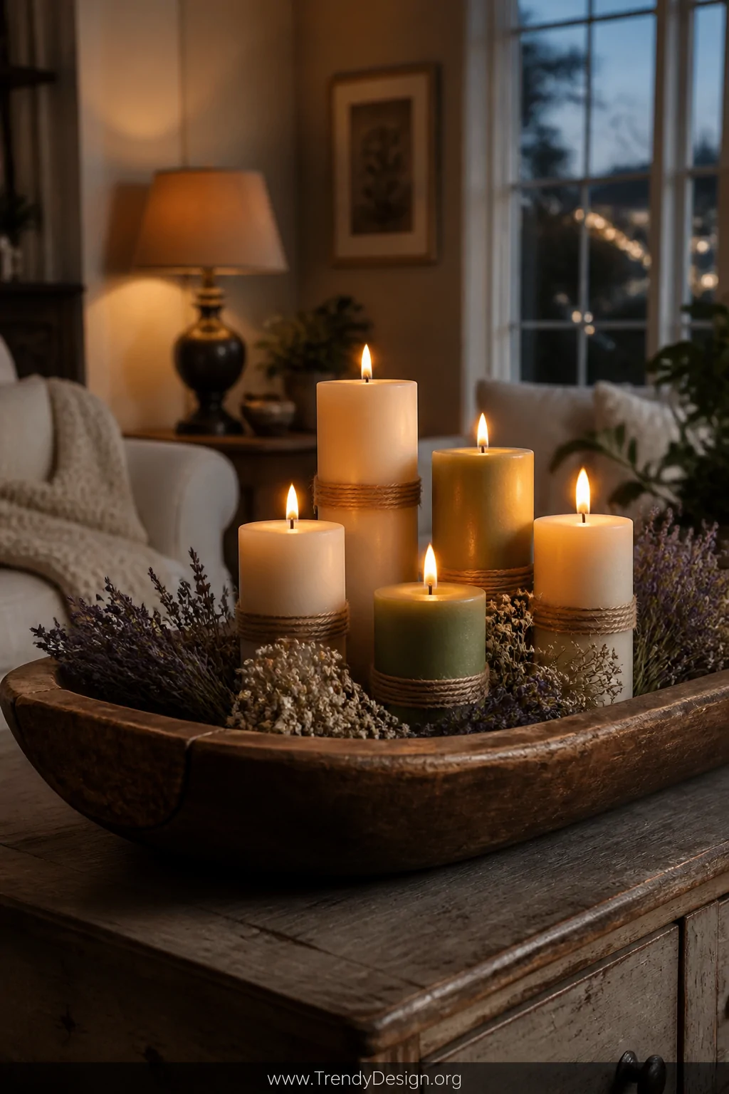 A wide atmospheric shot of a wooden dough bowl centered on a rustic side table in a softly lit living room, holding five crea