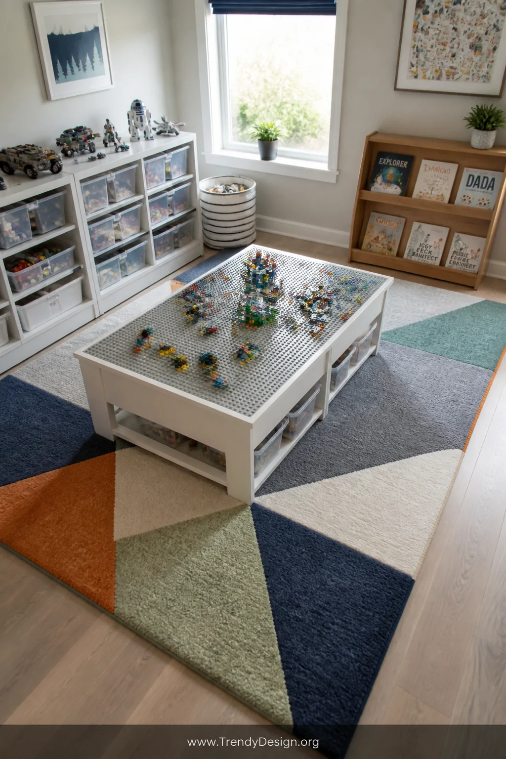 Medium shot looking down into a designated creative play zone in a boys bedroom, defined by a large colorful geometric area r