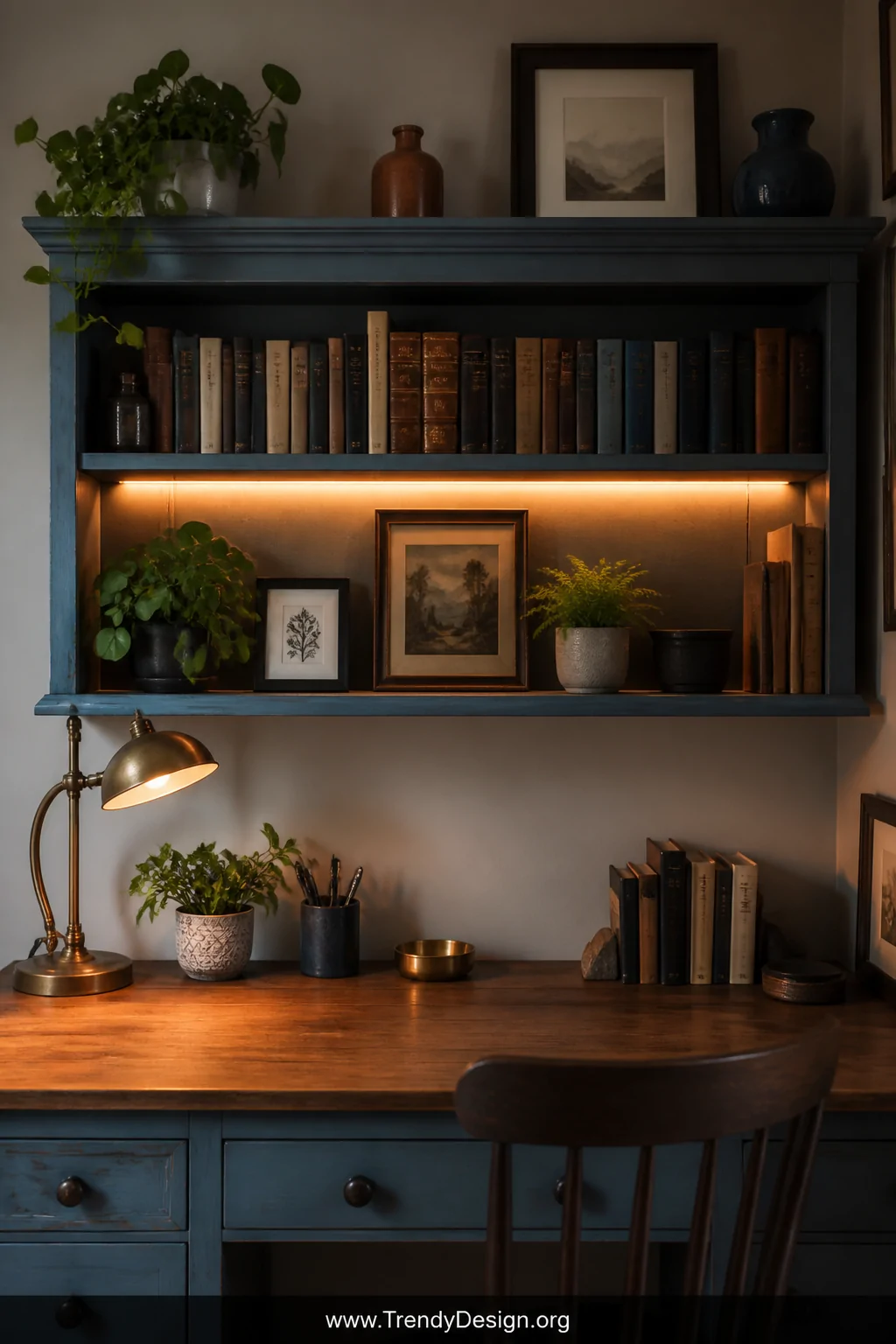 A medium shot of a shallow vintage bookcase mounted horizontally on the wall above a wooden desk, freshly painted in a muted 