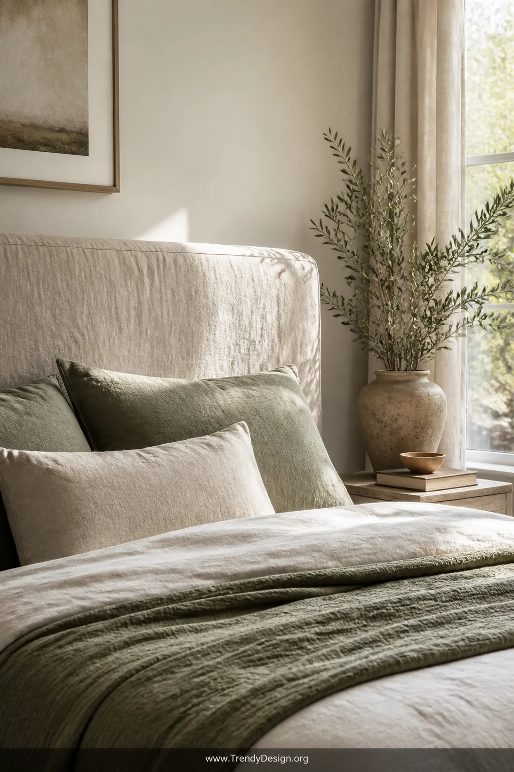 A serene bedroom medium shot focused on a headboard dressed in a softly draped washed linen slipcover in warm oatmeal beige, 