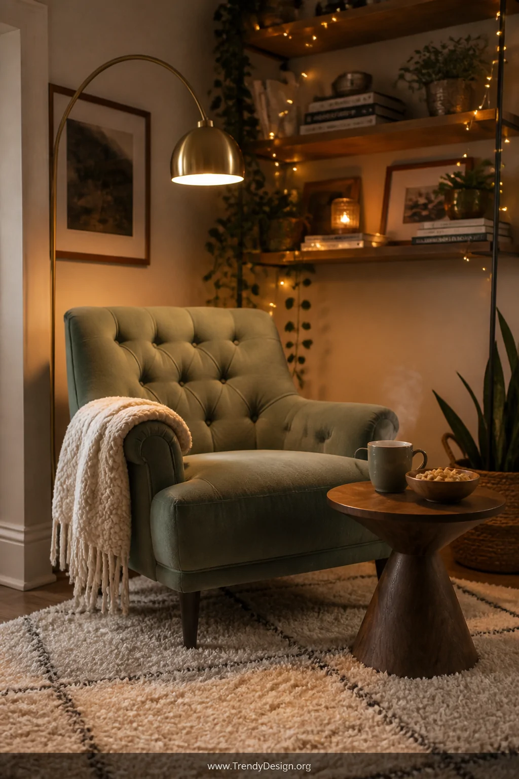 Medium shot of a cozy reading nook-style viewing corner featuring a tufted sage green armchair angled into a room corner, anc
