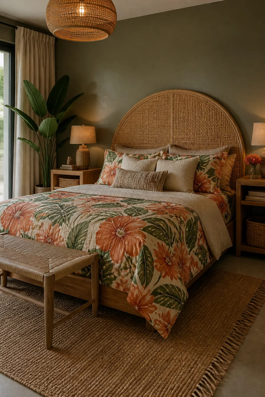 Wide shot of a naturally grounded bedroom featuring a curved rattan headboard paired with bold floral bedding in warm terraco