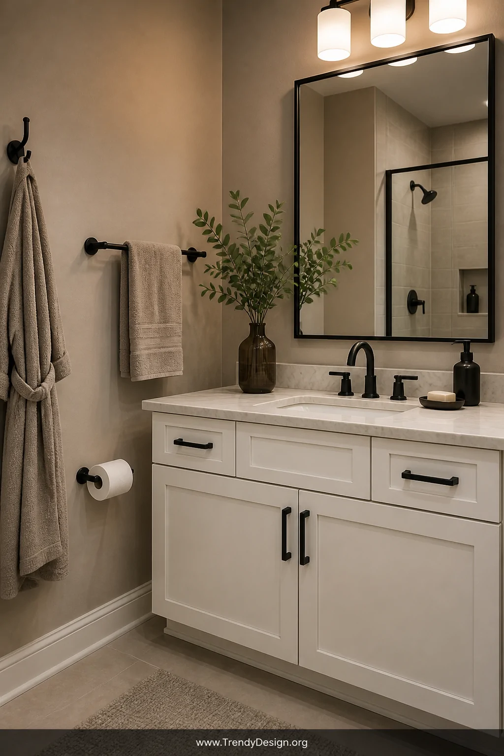 A medium shot of a bathroom vanity area showcasing a full coordinated set of matte black hardware including a towel bar, robe
