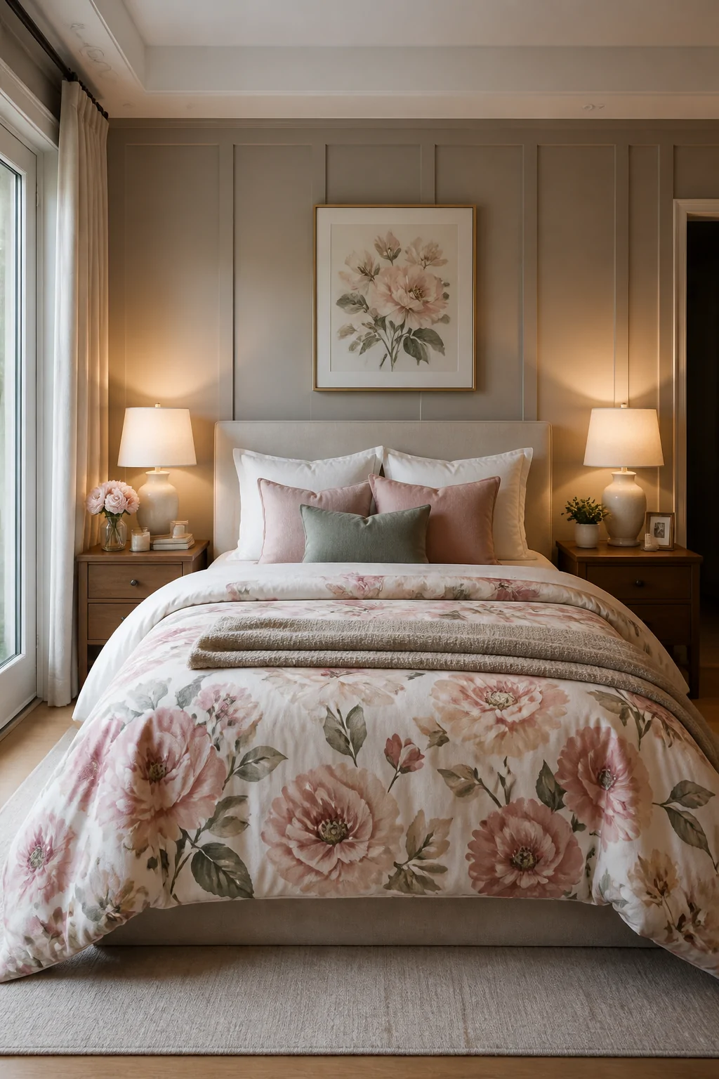 Wide shot of a fully styled magazine-worthy bedroom with a statement floral duvet cover in blush and cream as the clear focal