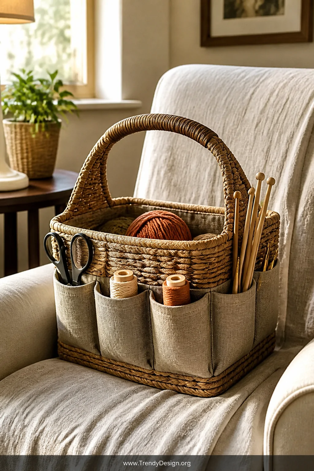 Medium shot of a handled woven seagrass craft caddy sitting on a linen-covered armchair, its multiple fabric pockets holding 