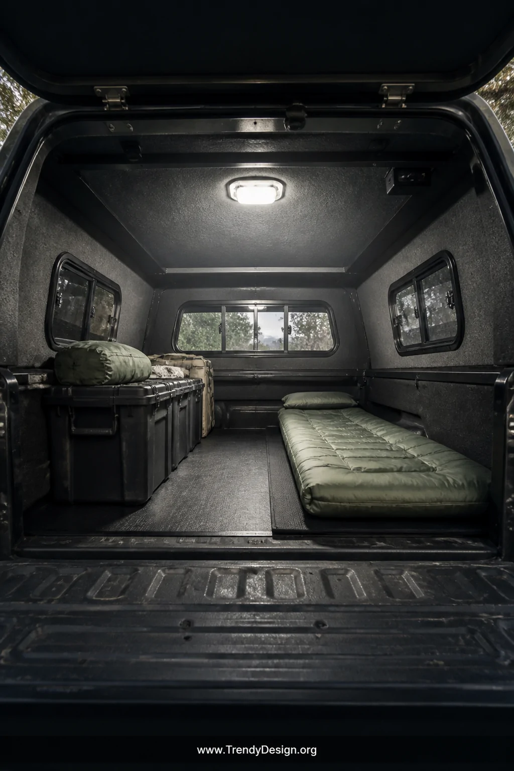 Medium shot of a camper shell interior captured the moment the tailgate opens, a wide-angle motion-sensor dome light mounted 