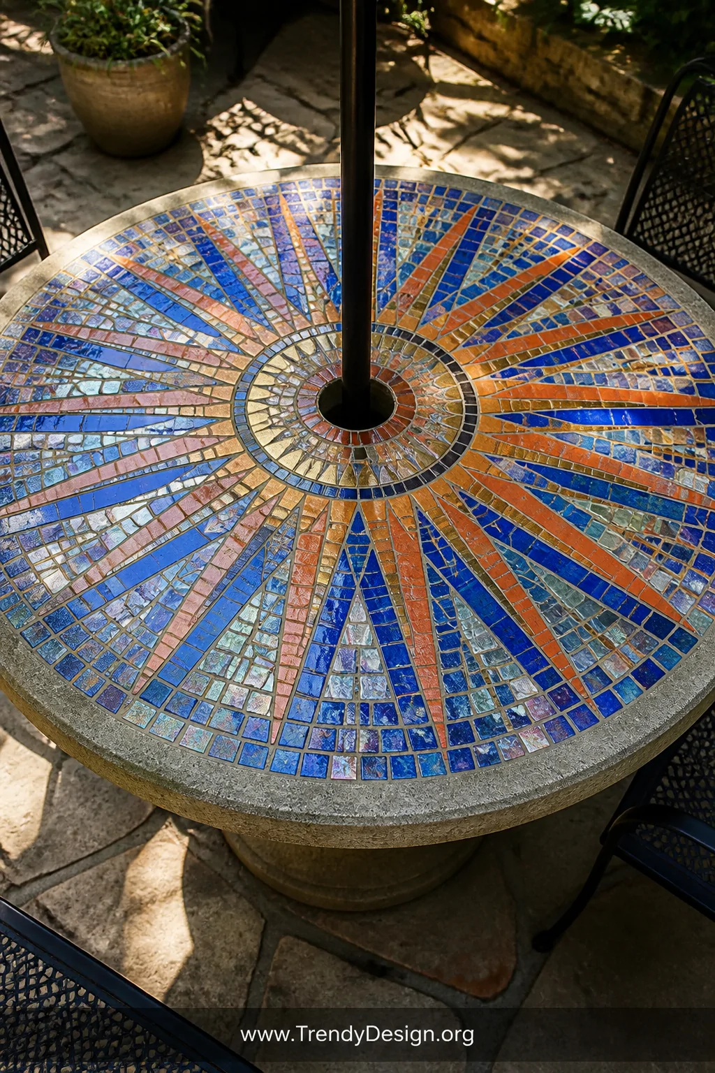 A medium overhead shot of a circular concrete patio table showcasing a vibrant hand-laid mosaic sunburst pattern radiating ou