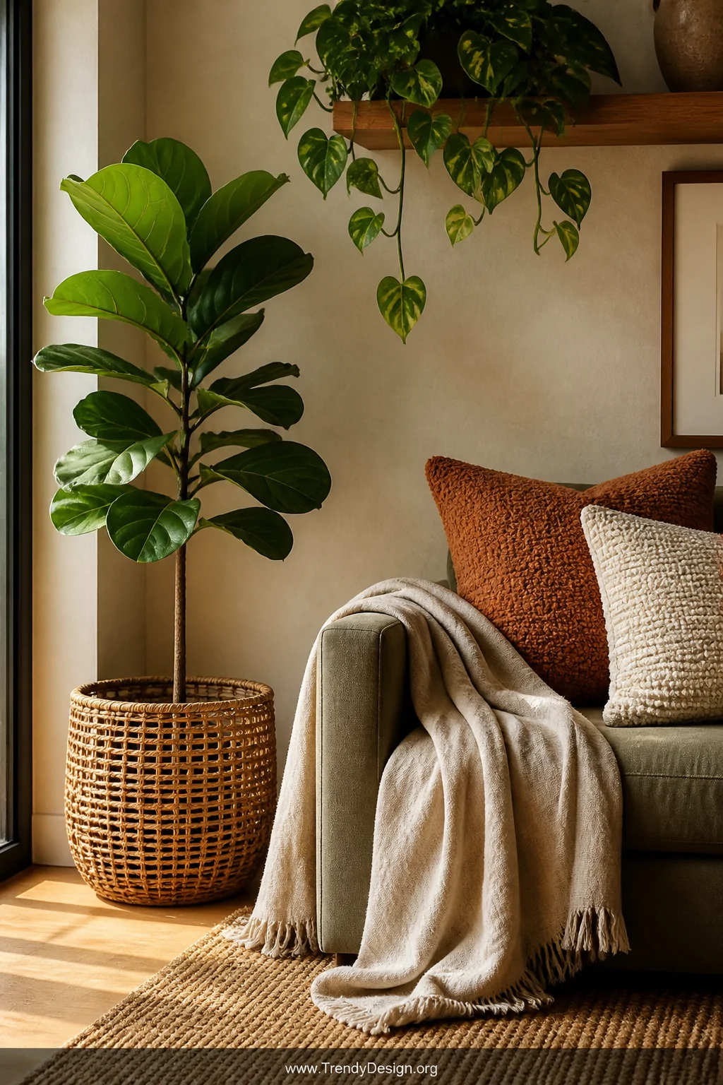 Closeup detail shot of a small lounge corner featuring a tall fiddle leaf fig in a woven rattan pot, a cluster of trailing po