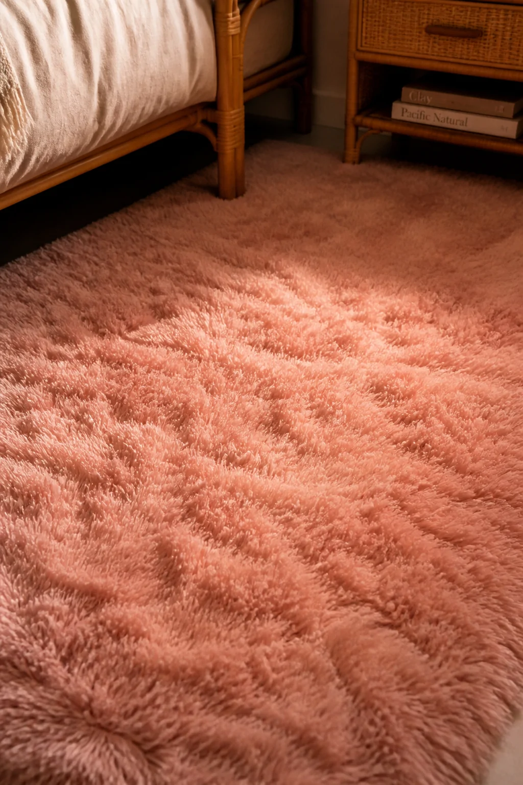Close-up detail shot of a plush blush pink high-pile shag rug beside a bed, capturing the deep fluffy texture in warm Edison 