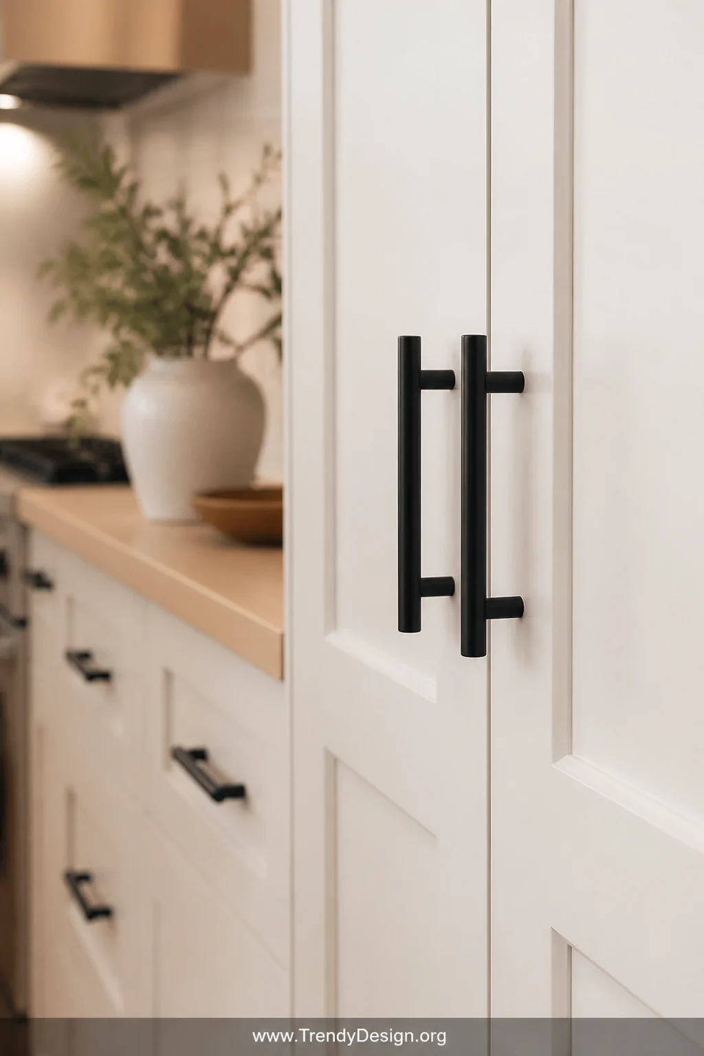 Close-up detail shot of kitchen cabinet doors featuring matte black hardware pulls against crisp white cabinet faces, soft wa