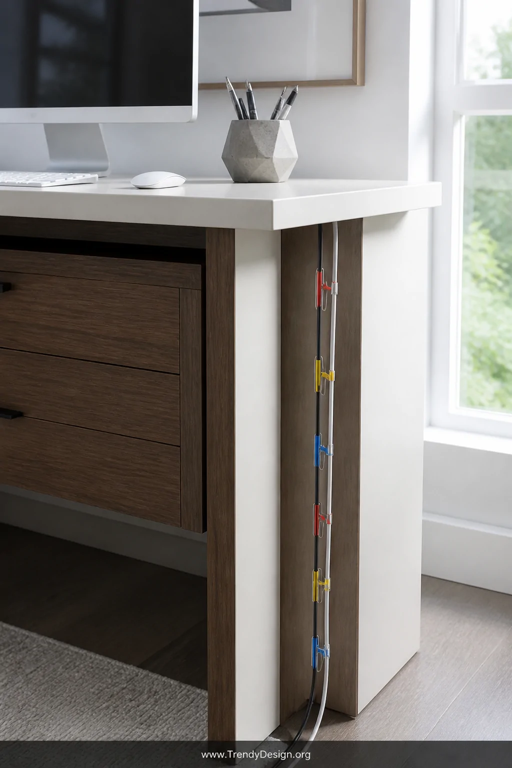 Medium shot of a modern home office desk corner in matte white and walnut, showing bundled black and white cables neatly guid