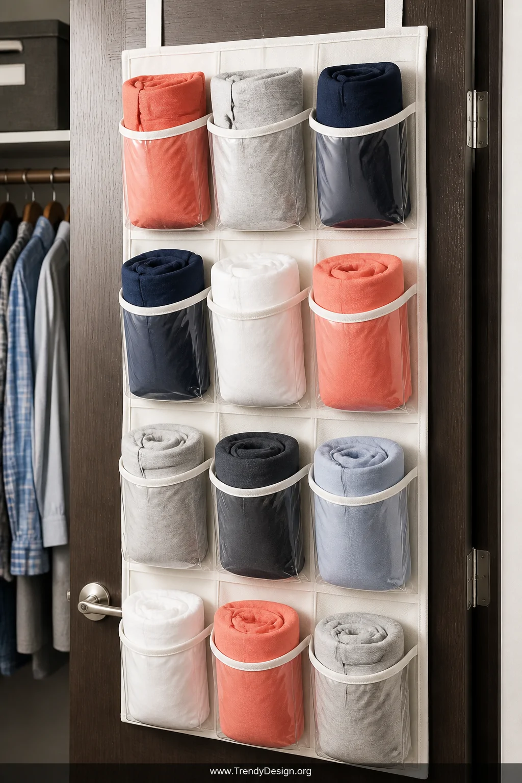 A closeup shot of a white over-the-door fabric pocket organizer mounted on a dark wood closet door, each clear pocket filled 
