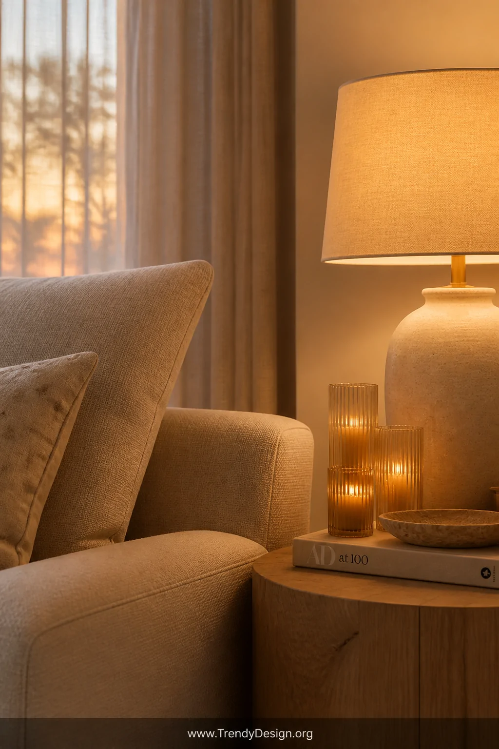 Closeup detail shot of a softly lit off-white sofa vignette at evening, with a warm-toned table lamp casting a golden glow on