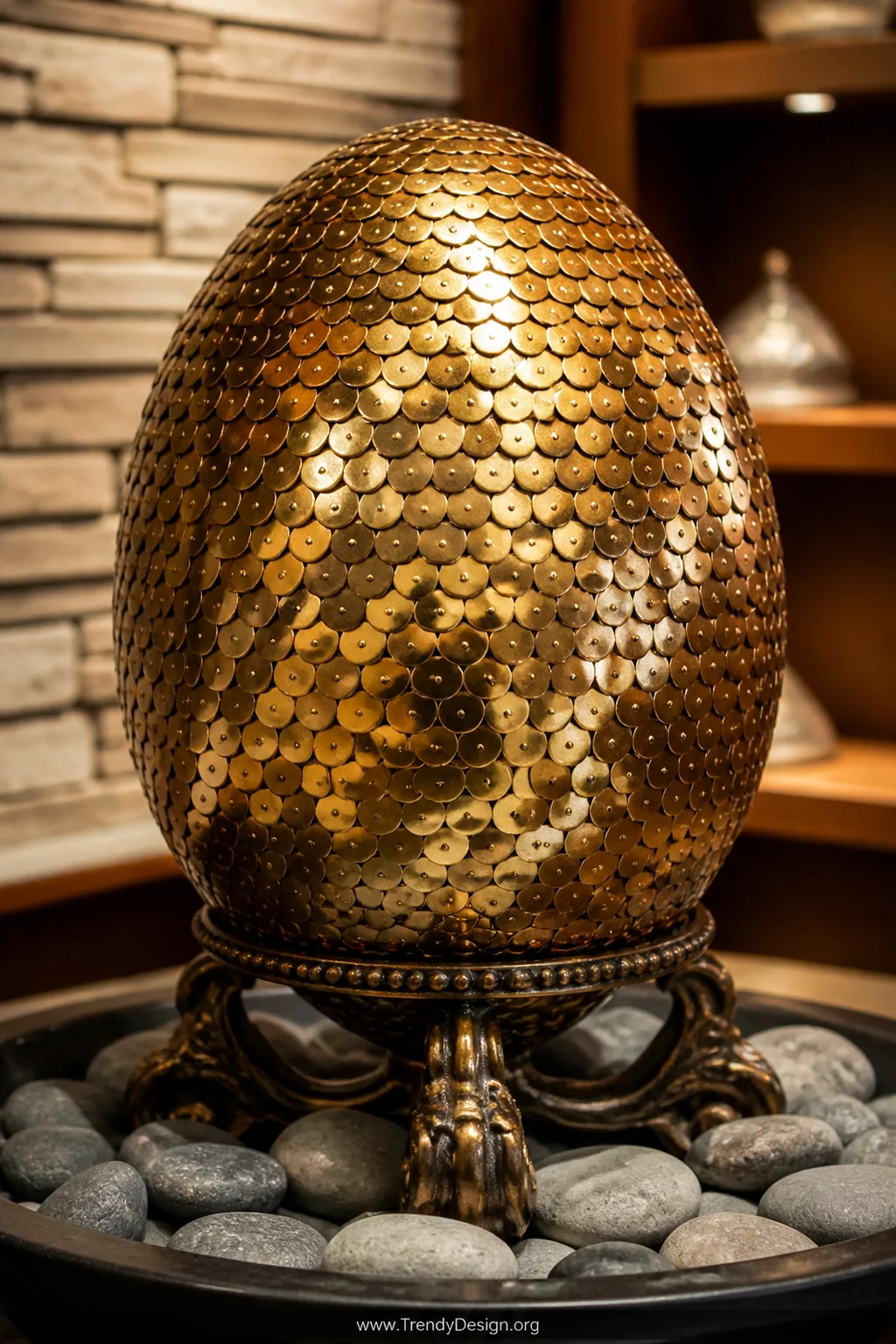A closeup detail shot of a large foam egg completely covered in overlapping rows of gold and bronze metallic thumbtacks arran