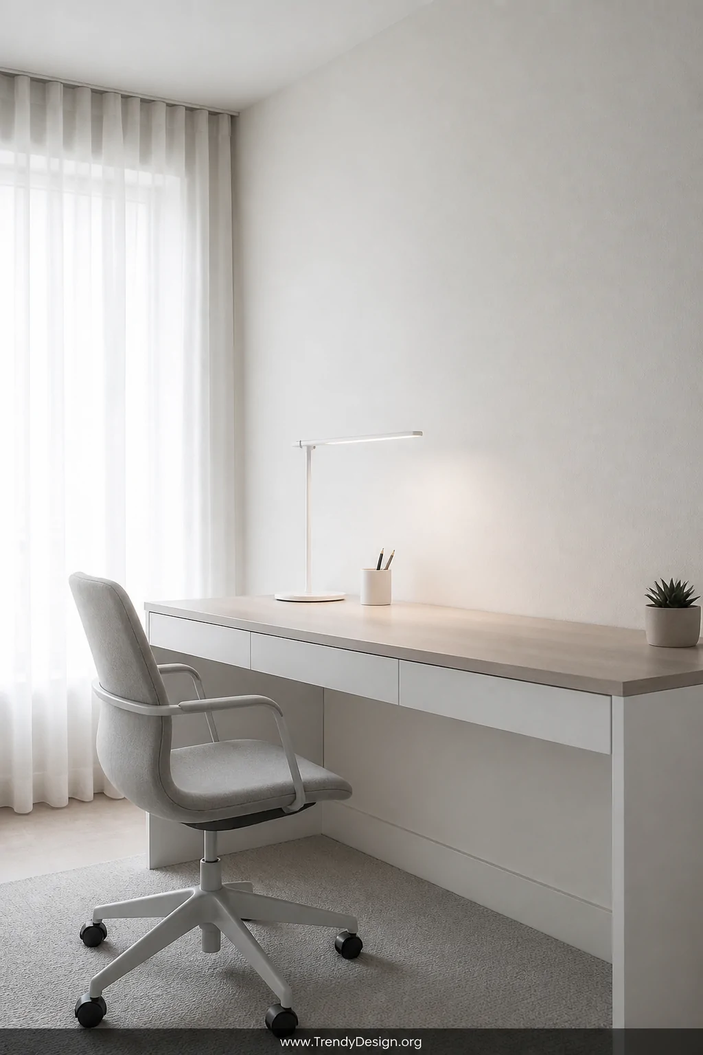 Wide room shot of a serene minimalist home workspace featuring a sleek white desk with light wood grain surface, a single whi