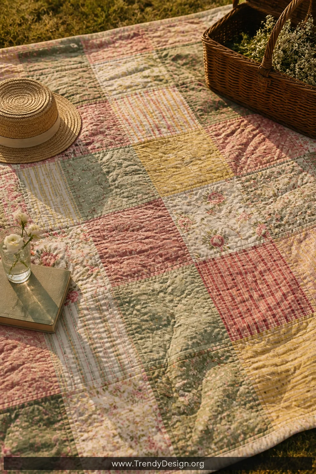 A warm medium overhead shot of a vintage patchwork quilt picnic blanket spread on grass, mixing floral cotton panels with str