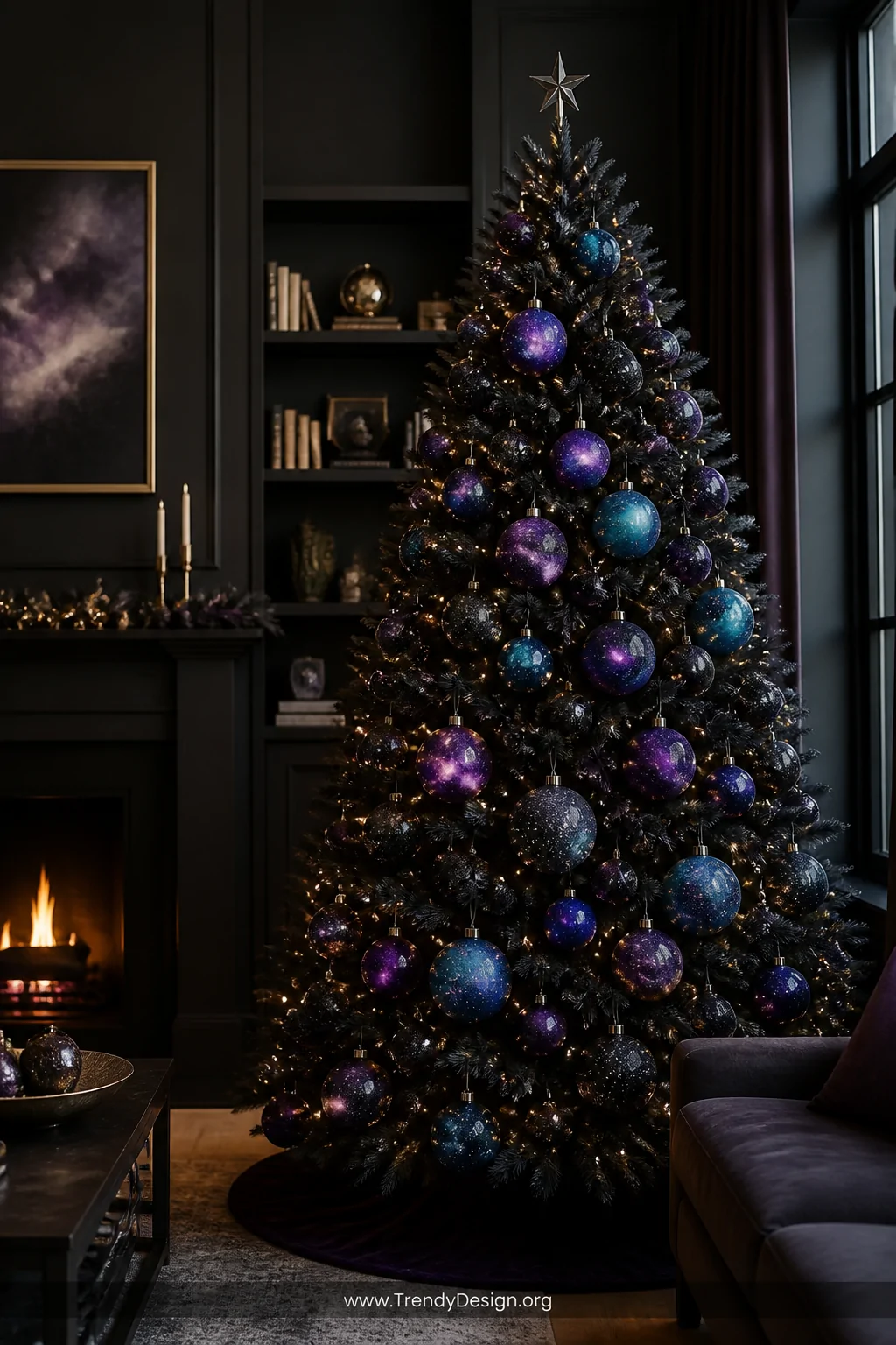 A wide room shot of a dark Christmas tree decorated with galaxy-themed ornaments glowing under warm white string lights, the 
