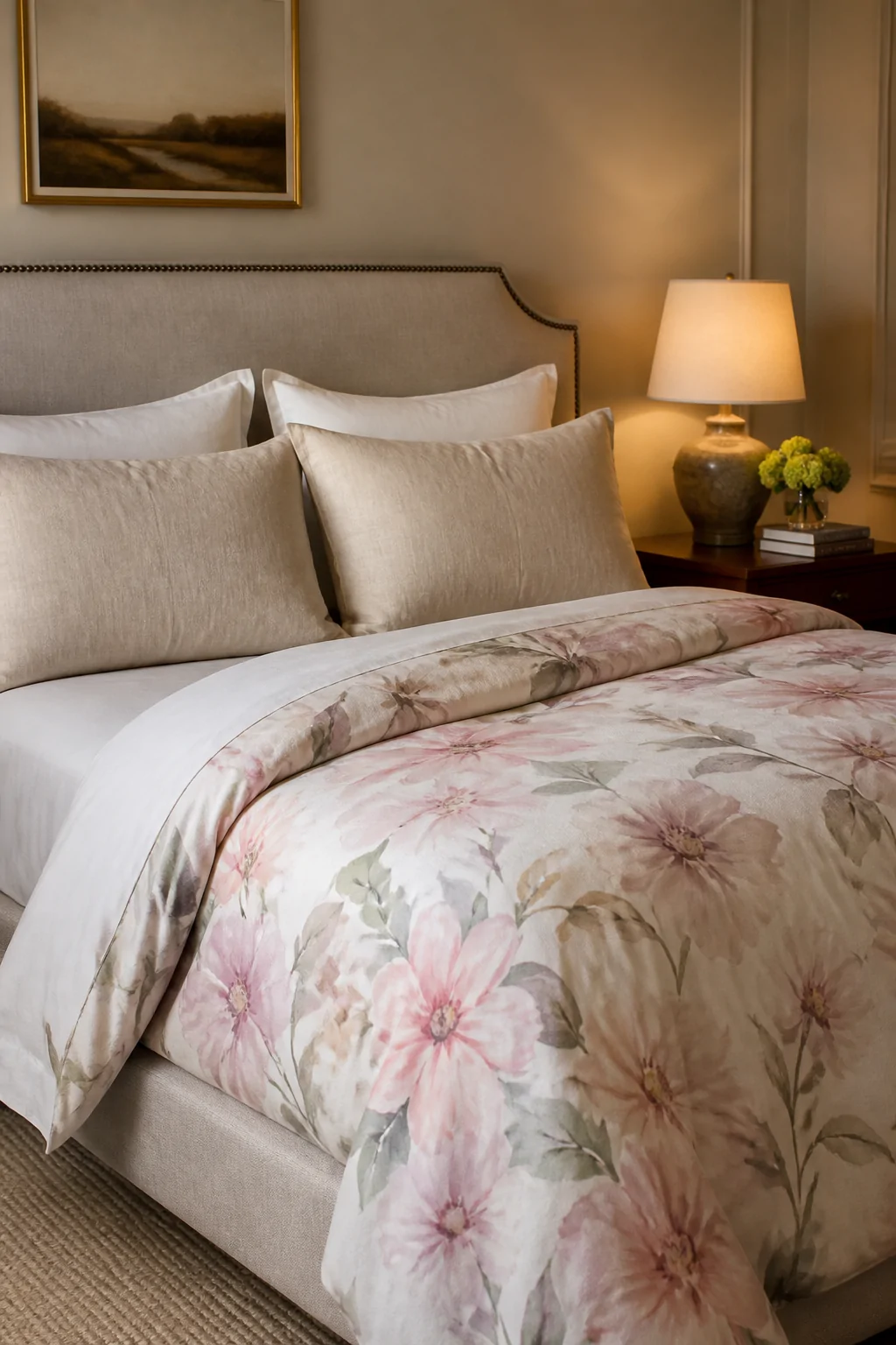 Medium shot of a beautifully made bed layered with crisp white fitted sheets and oatmeal linen pillowcases topped with a soft