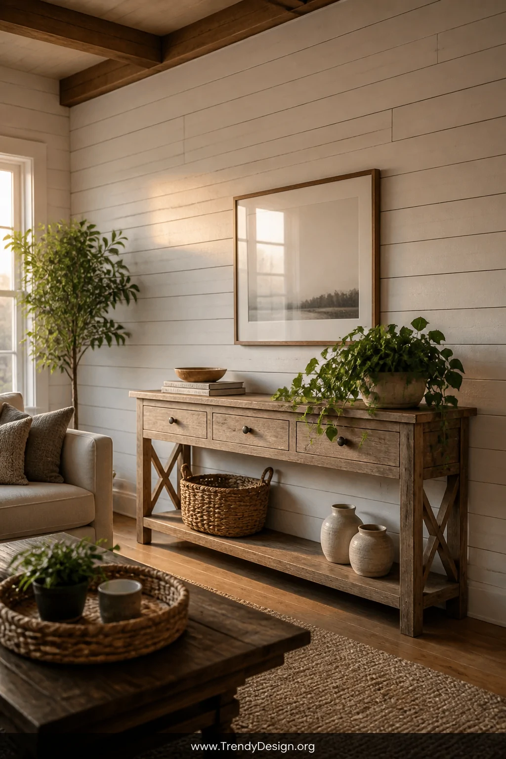 A farmhouse living room featuring horizontal white-painted shiplap wood planks covering an entire accent wall, staggered seam