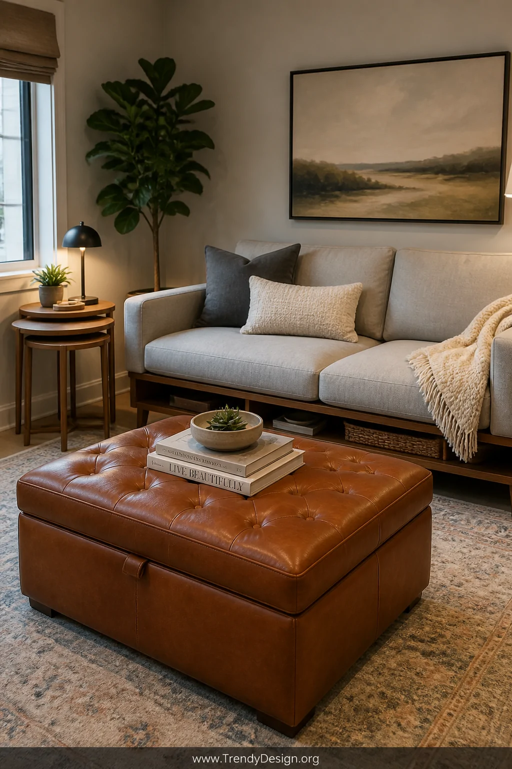 Medium photorealistic shot of a stylish small living room centered on a large tufted storage ottoman in warm cognac leather s