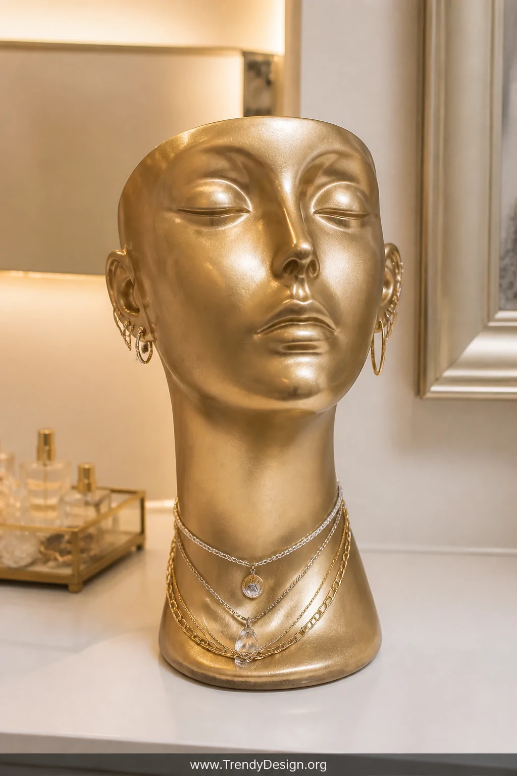 A detail closeup of a smooth-finish metallic gold clay head on a white vanity surface, draped with delicate gold and silver n