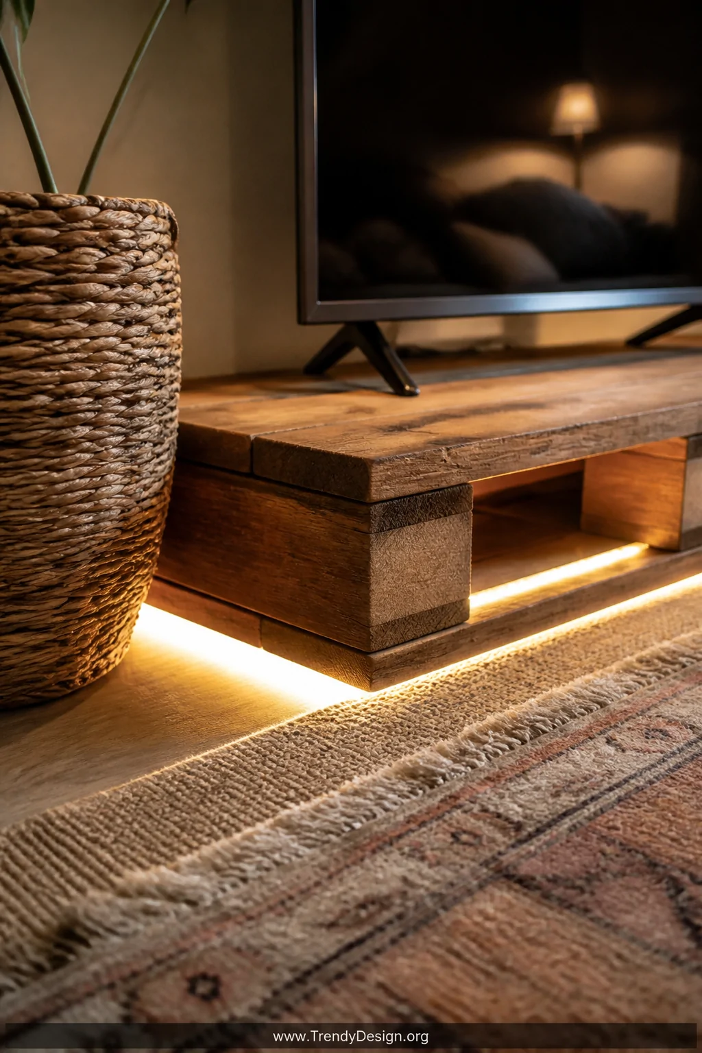 A detail closeup shot of a heat-treated wooden pallet sanded smooth and stained in warm honey tone sitting low on the floor a