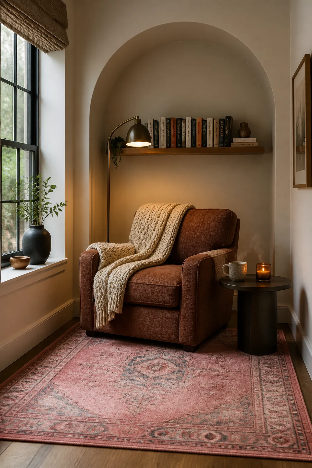 Intimate closeup-to-medium shot of a cozy reading nook built around a pink statement rug in a sunlit window alcove, a deep ov