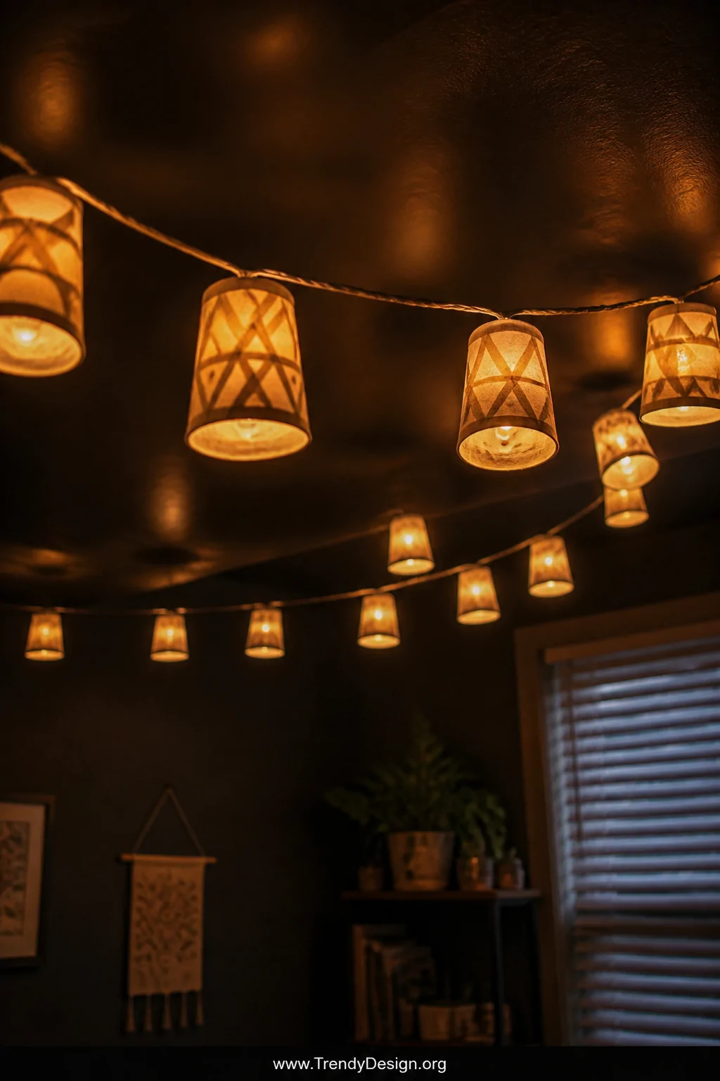 A closeup detail shot of glowing Styrofoam cup string lights draped across a dark bedroom ceiling, the cups emitting a warm d