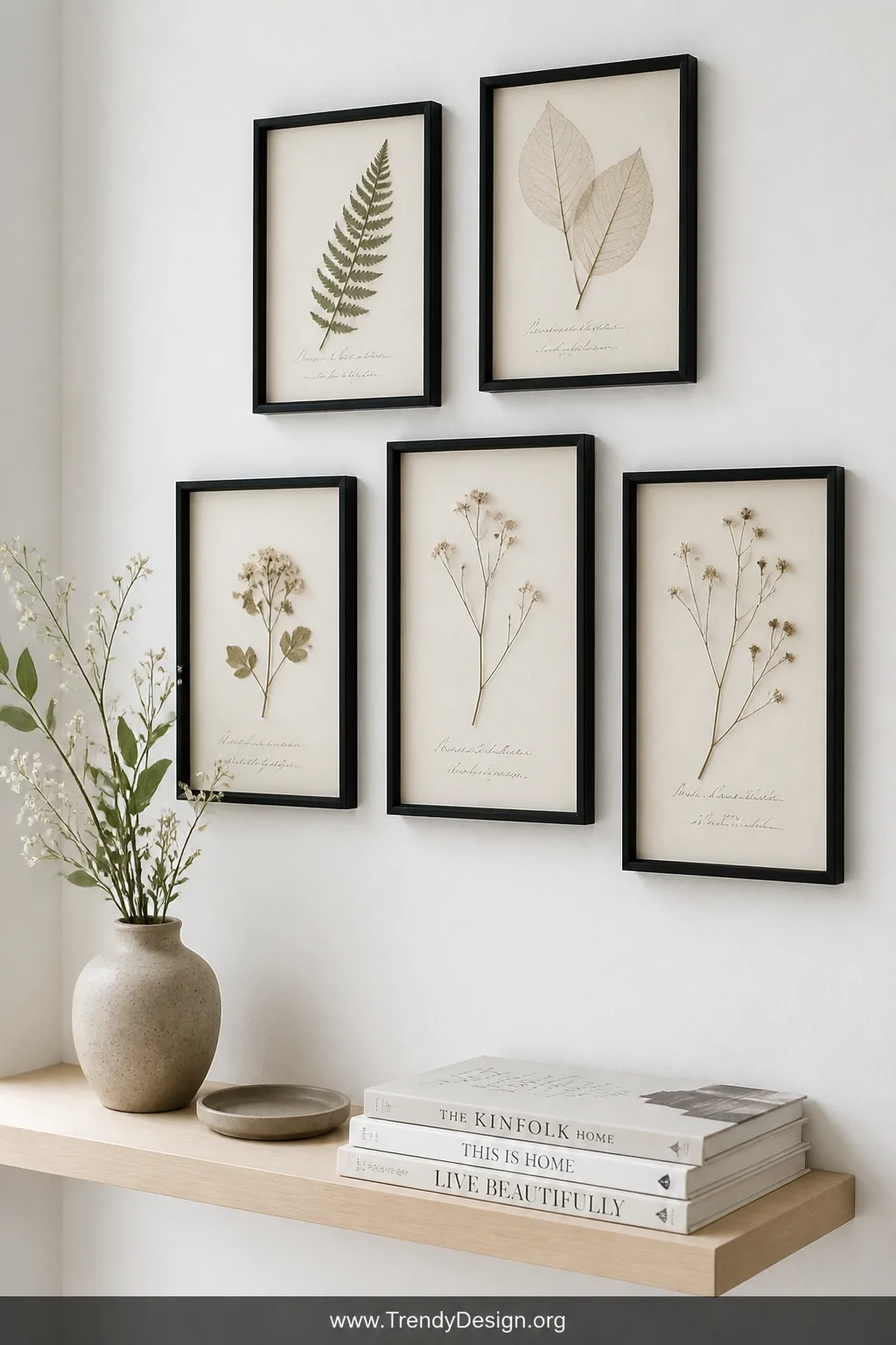 Medium shot of a curated grouping of five slim black minimalist frames arranged in an organic cluster on a bright white wall,