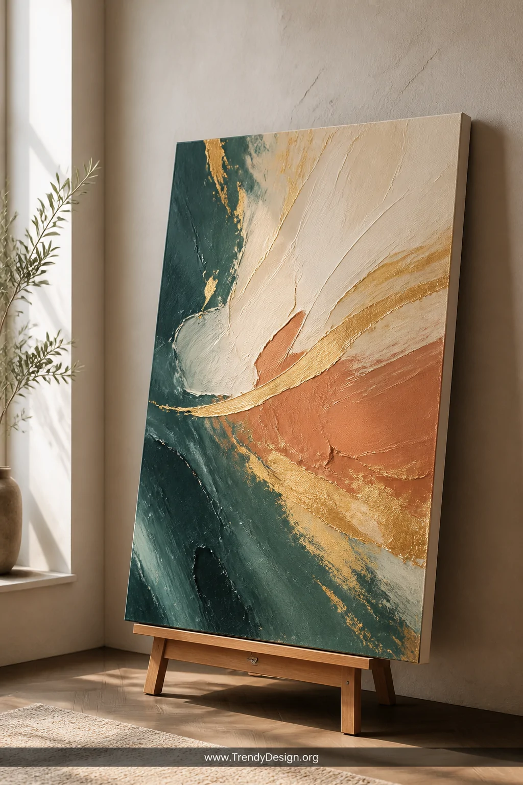 Medium shot of a large stretched canvas leaning against a light plaster wall, covered in bold abstract brushstrokes of deep t