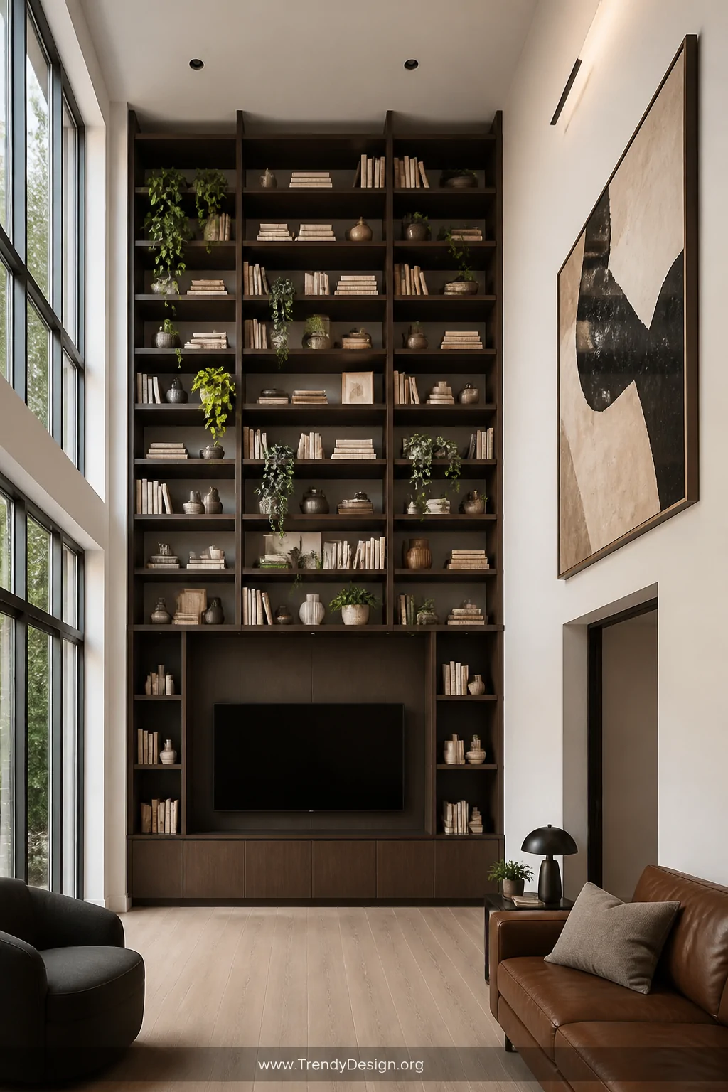 Wide shot looking up toward floor-to-ceiling built-in bookshelves in a modern small lounge, styled with a mix of upright book