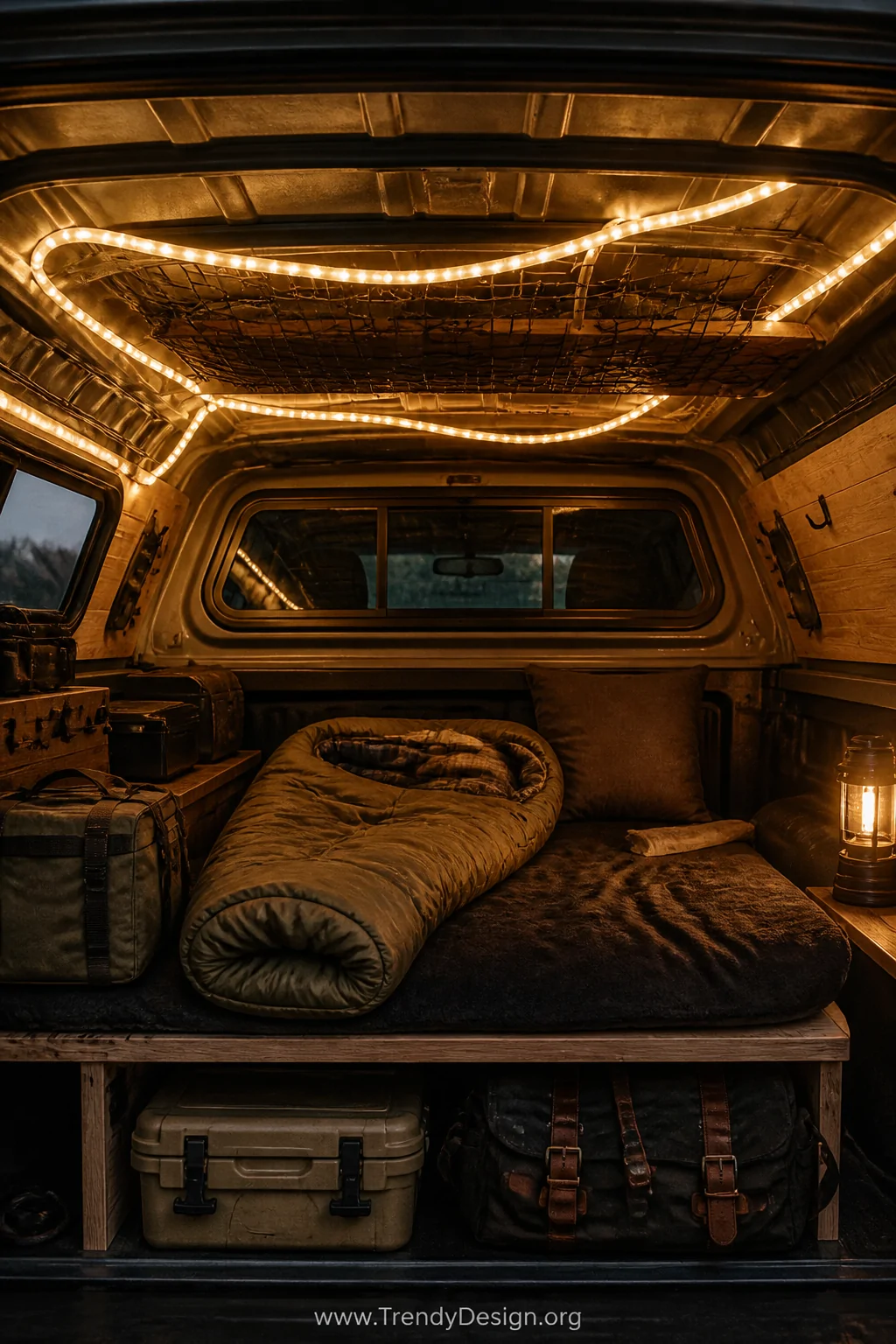 Wide interior shot of a camper shell glowing with warm frosted rope lights loosely draped along the metal ribbed ceiling and 