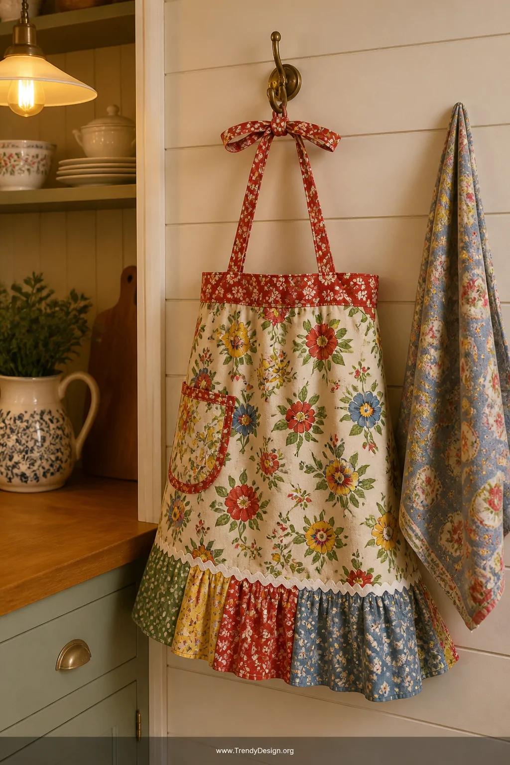 A medium shot of a vintage-inspired kitchen vignette featuring a bold retro floral feedsack-print half apron hanging from a a