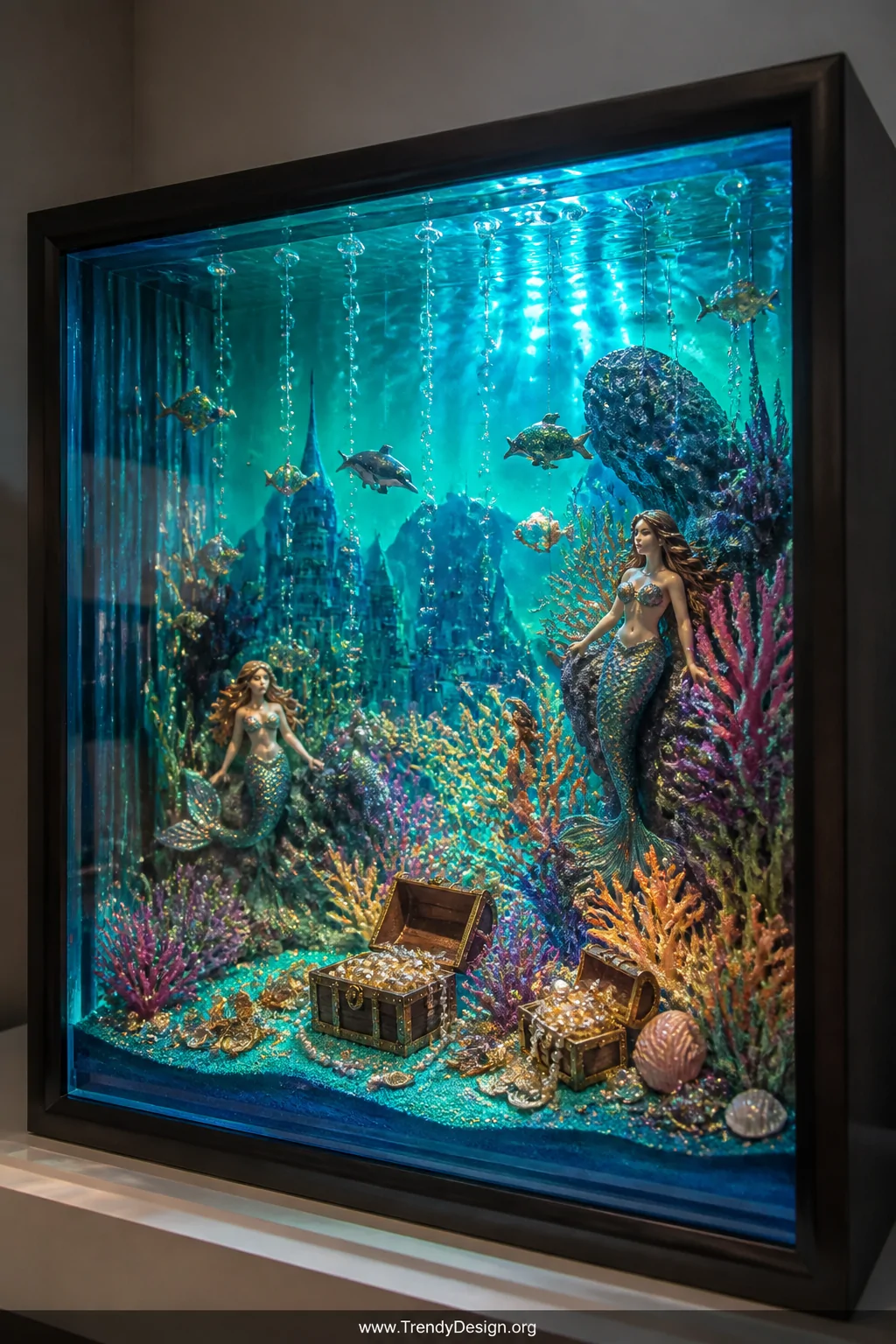Wide shot of a deep glass shadow box underwater mermaid kingdom diorama, layered with gradient turquoise and cobalt blue colo