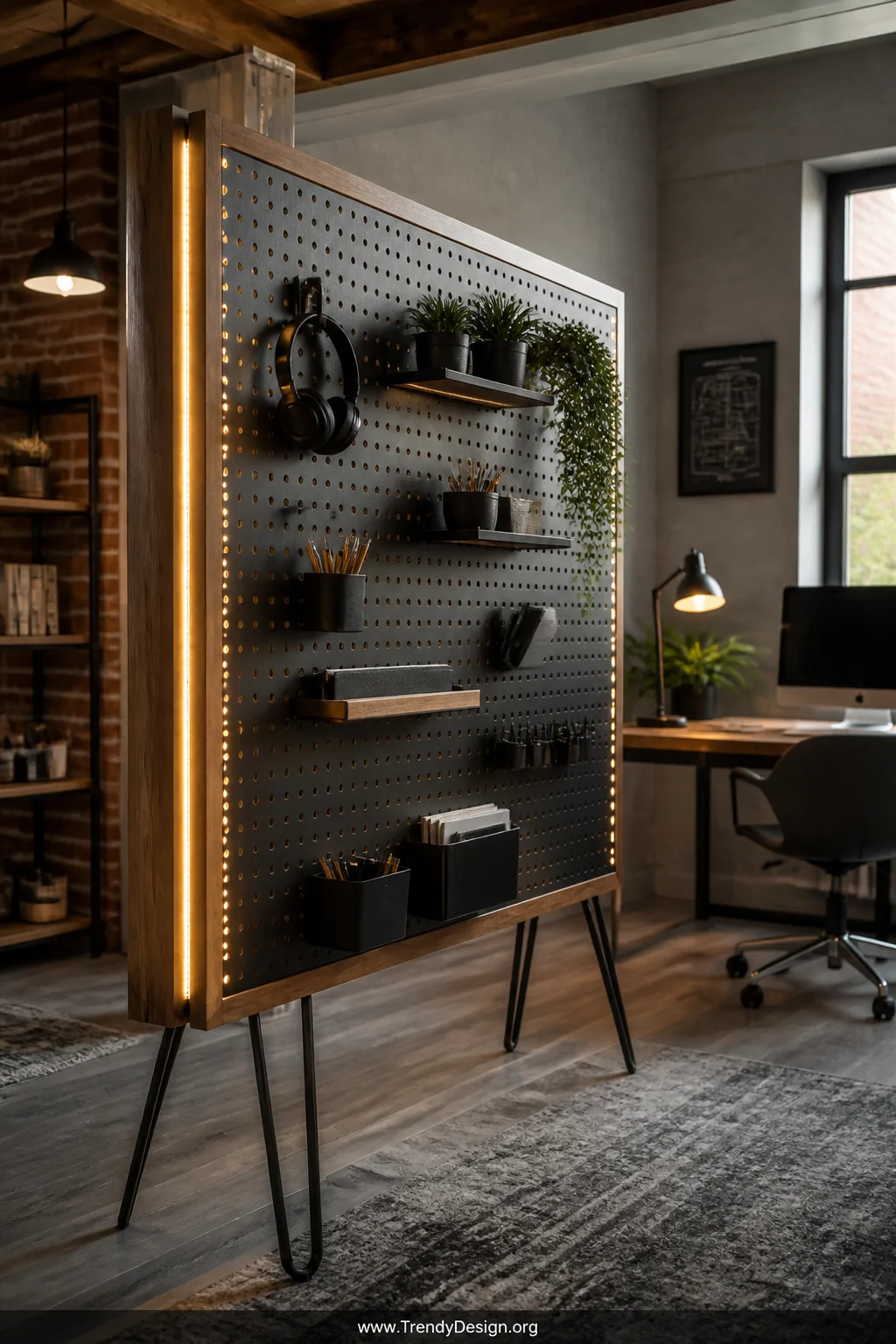 Wide-angle photorealistic shot of a modern industrial home office featuring a large freestanding matte black pegboard partiti