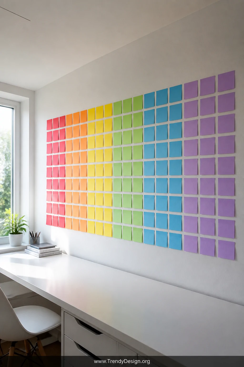 Wide-angle photorealistic interior shot of a plain white wall covered in a full color-blocked rainbow arrangement of sticky n