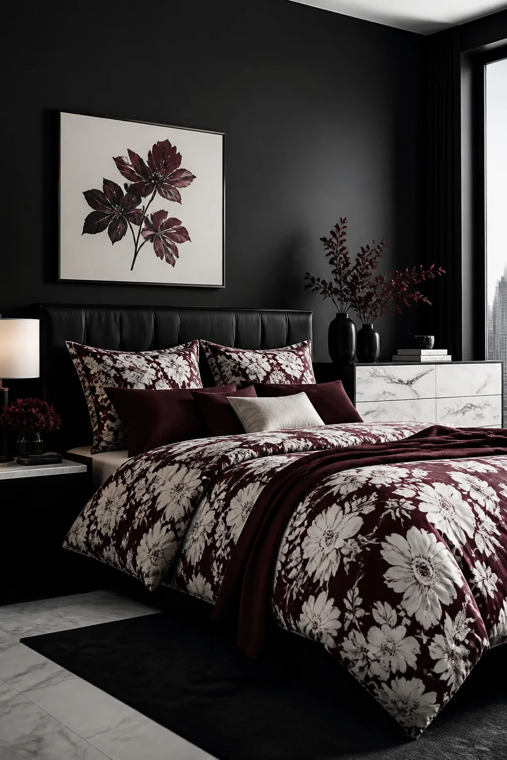 Wide room shot of a sleek modern bedroom with a high-contrast graphic floral duvet in deep burgundy and ivory against an inky