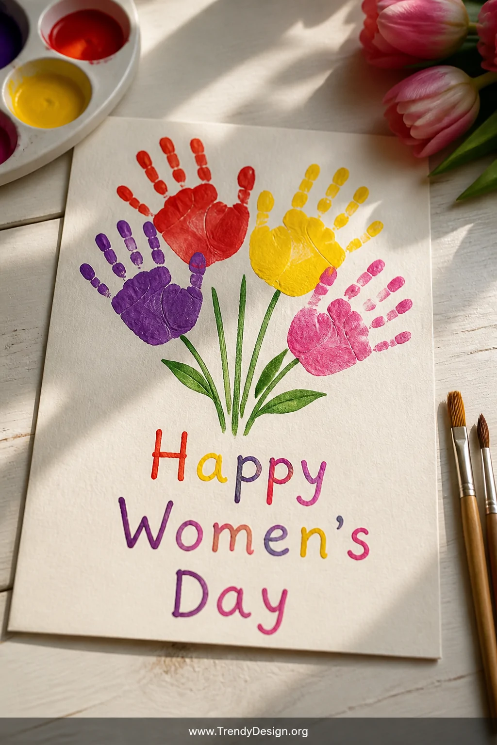 A close-up flat lay on a white wooden craft table showing a rainbow handprint flower bouquet card on thick cream cardstock, v