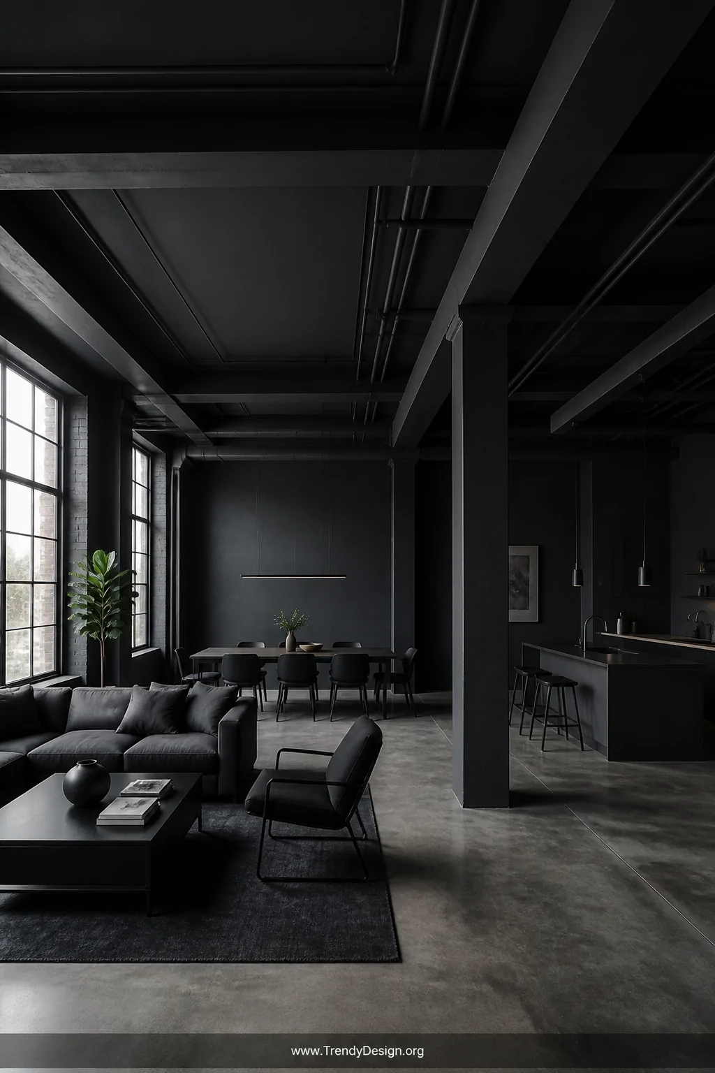 Wide-angle shot of an open-concept loft interior where ceiling joists, exposed conduit runs, and walls are all painted in the