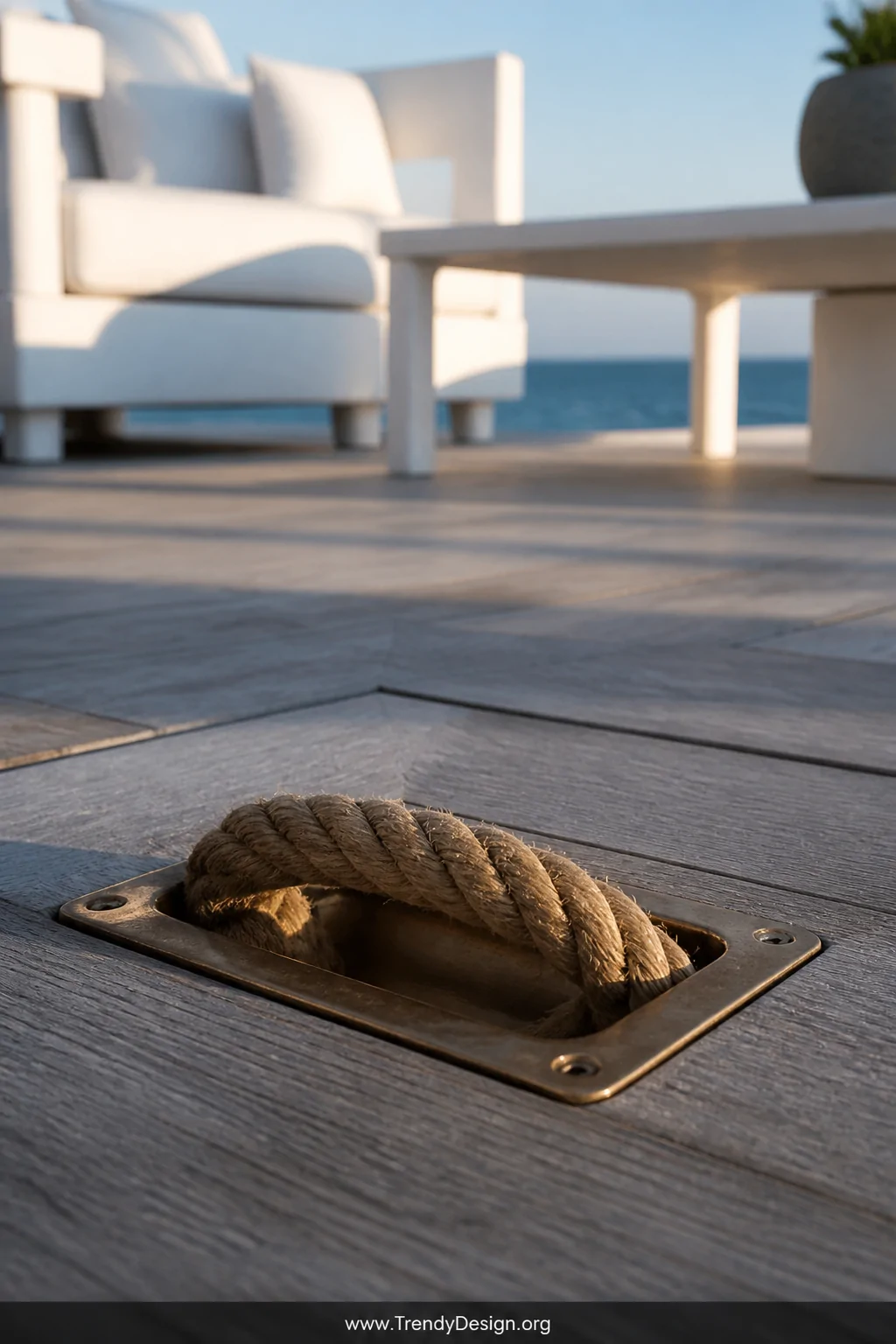 Close-up detail shot of a weathered gray deck trap door handle made from thick braided natural manila rope threaded through a